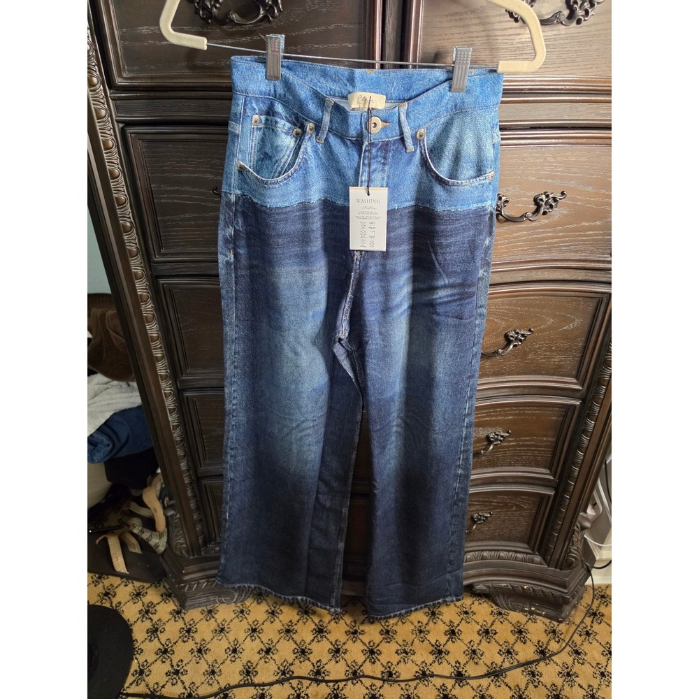Elan Two Tone Wide Leg Denim Jeans Blue Colorblock High Waist XS JF2359